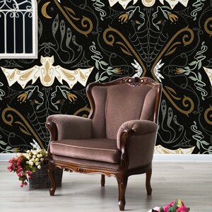 Gothic Nouveau -Whimsigothic, witch, Halloween, Spooky, bats, ghosts, spiders- Peel and Stick Wallpaper, DIY, Accent Wall, Renter Friendly