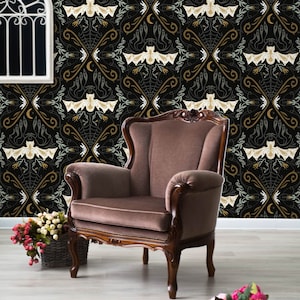 Gothic Nouveau -Whimsigothic, witch, Halloween, Spooky, bats, ghosts, spiders- Peel and Stick Wallpaper, DIY, Accent Wall, Renter Friendly