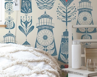 Tapeta samoprzylepna Coastal Lighthouse: niebiesko-szara, folkowa, kwiatowa, akcentowa ściana