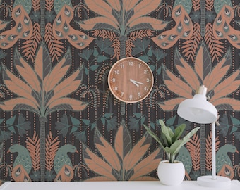 Tapeta z motywem palmy pawiej: retro boho, samoprzylepna, dekoracyjna ściana