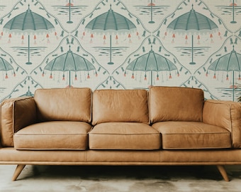 Tapeta samoprzylepna w stylu retro z parasolem plażowym: ściana akcentowa w stylu Mid-Century Modern