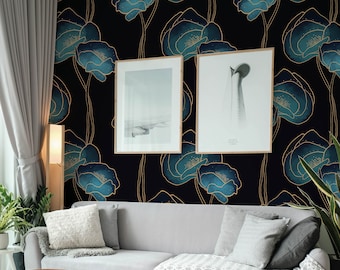 Tapeta samoprzylepna w kolorze turkusowym i złotym z makiem: ściana akcentowa w stylu glamour w stylu art déco