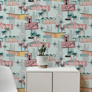 Mid Century Modern Palm Springs, Retro Atomic, MCM, Peel and Stick Wallpaper Pastel Blue and Pink, DIY, Accent Wall, Renter Friendly