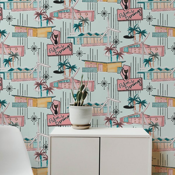 Retro Palm Springs Peel and Stick Wallpaper: Mid-Century Modern Atomic Design
