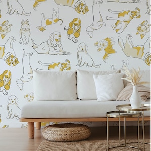 Line Drawn Cute Dog , Charming Puppy Nursery Peel and Stick Wallpaper, DIY, Accent Wall, Renter Friendly