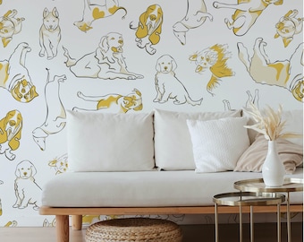 Tapeta z motywem psa w formie rysunku liniowego: Żółta naklejka ścienna z motywem szczeniaka