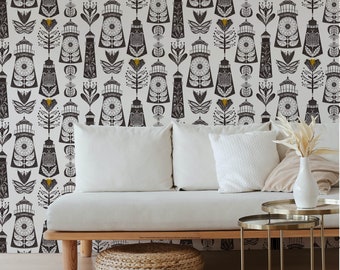 Tapeta samoprzylepna Folk Floral Lighthouse: antracyt i złoto