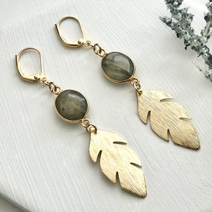 Labradorite Dangle Earrings, Gold Leaf, Boho Gemstone, Leaf Earrings, Gift, Boho Earrings, Gemstone Earrings Dangle, Labradorite Jewelry