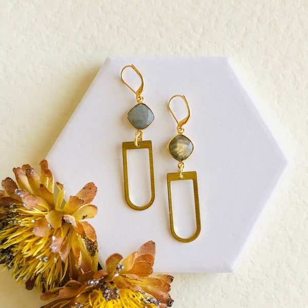 Geometric Earrings Gold, Labradorite Earrings Gold, Boho Dangle Earrings, Brass Earrings, Modern Drop Earrings, Gemstone Earrings, Gift