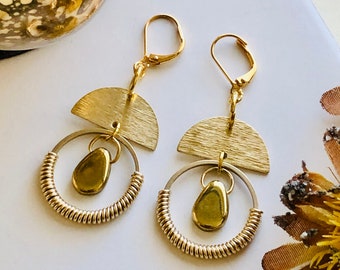 Geometric Earrings Gold, Brass Earrings, Dangle Earrings Gold, Half Moon Earrings, Modern Earrings, Geometric Drop Earrings, Gift for Her