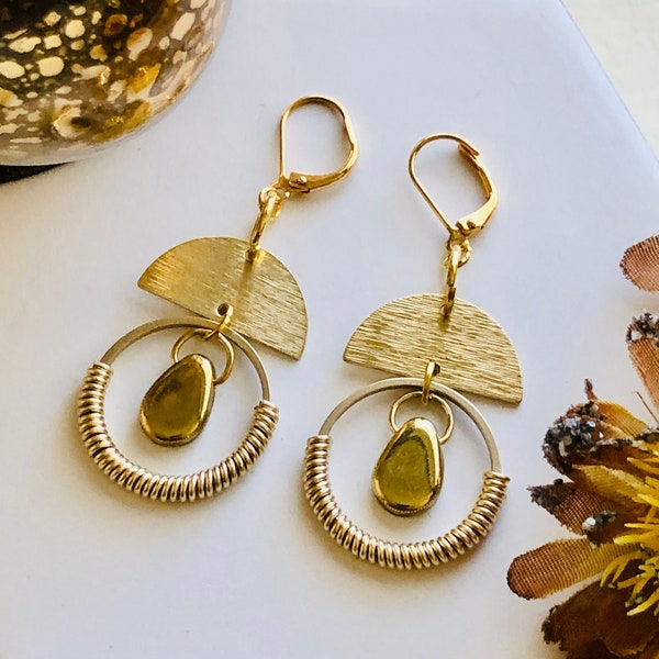 Geometric Earrings Gold, Brass Earrings, Dangle Earrings Gold, Half Moon Earrings, Modern Earrings, Geometric Drop Earrings, Gift for Her