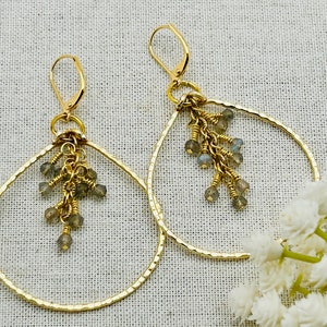 Hoop Earrings Gold, Teardrop Hoop Earrings Gold, Labradorite Earrings, Gemstone Dangle Earrings, Gift for Her, Boho Hoop Earrings, Gift