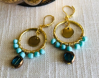 Beaded Hoop Earrings Gold, Hoop Earrings with Charm, Hoop Earrings with Beads, Birthday Gift for Friend, Dangle Hoop Earrings Gold, Gift