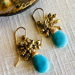 Dangle And Drop Earrings, Turquoise Earrings Dangle, Gemstone Cluster Earrings, December Birthstone, Gift, Turquoise Jewelry for Women