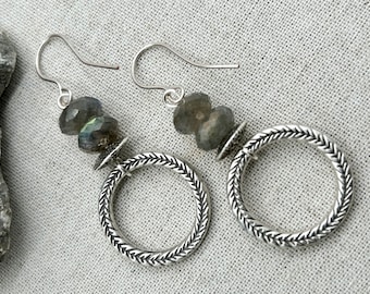 Labradorite Earrings, Labradorite Hoop Earrings, Hoop Earrings Silver, Gemstone Earrings Labradorite, Boho Earrings Silver, Gift for Her