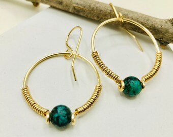 Turquoise Hoop Earrings: Handmade Gold Wire Wrapped Gemstone Earrings