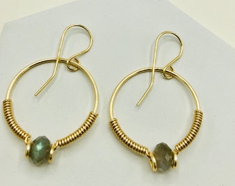 Handmade Gold Hoop Labradorite Earrings: Gemstone Jewelry