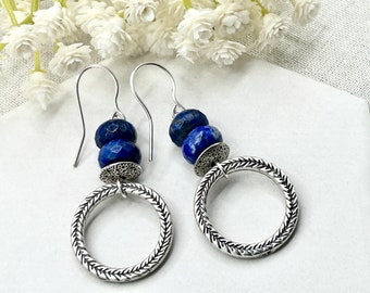 Lapis Lazuli Earrings, Lapis Lazuli Jewelry, Hoop Earrings Silver, Gemstone Earrings Lapis Lazuli, Boho Earrings Silver, Gift for Her, Gift