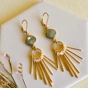 Labradorite Earrings, Gold Fringe Earrings, Gemstone Dangle Earrings, Long Dangle Earrings Gold, Gold Chandelier Earrings, Gift for Her