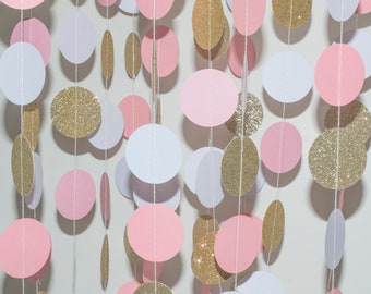 Paper Garland 10ft Pink Gold White Circle Garland for; Baby Shower, Birthday, Nursery Party, Christening, Circle Polka Dot Decoration