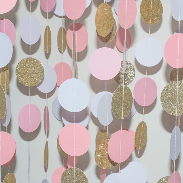 Paper Garland 10ft Pink Gold White Circle Garland for; Baby Shower, Birthday, Nursery Party, Christening, Circle Polka Dot Decoration