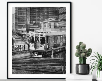 Chicago Photograph, Urban Cityscape, Black and White, Wall Art, Fine Art Print, Urban, City, Chicago Print, Large Wall Art Print, Train