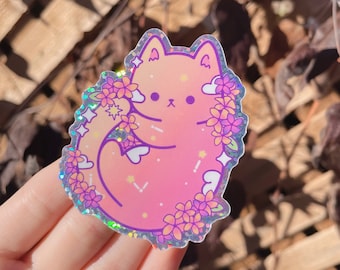 Waterproof Holographic Vinyl Sticker | Floral Kitten