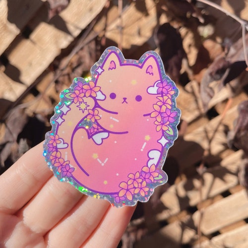 Waterproof Holographic Vinyl Sticker | Floral Kitten