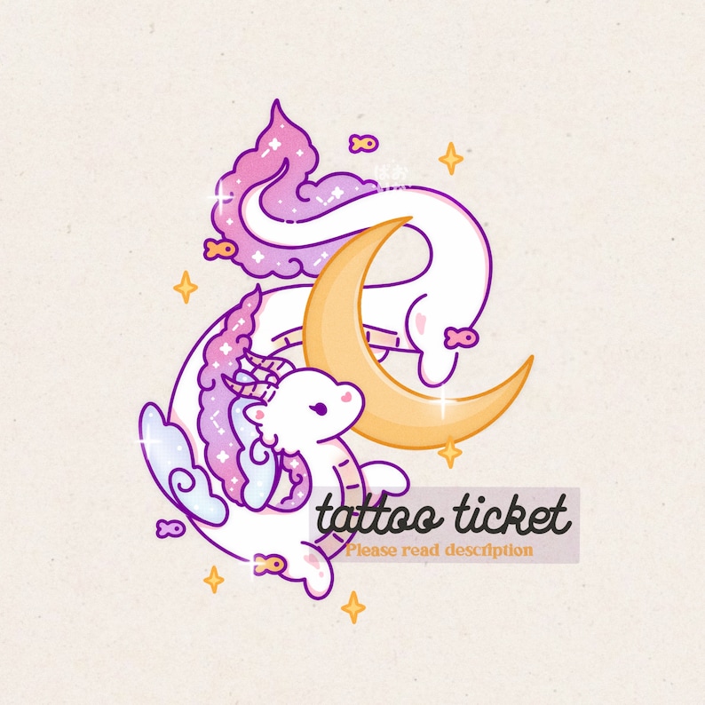 May include: A purple and white cartoon dragon curled around a crescent moon with stars and a text overlay that says "tattoo ticket please read description".