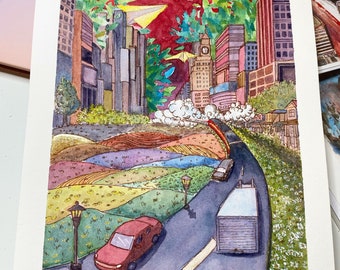 May include: A watercolor painting of a city street scene with a red sky and green trees. The street is winding and leads to a cityscape with tall buildings. The road is lined with colorful fields and a cyclist is riding down the road.