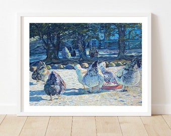 May include: A painting depicting a group of chickens in a snowy, wintery scene. The chickens are gathered around a red bowl, with some looking towards the viewer. The background features a blue-toned forest with trees and a building in the distance.