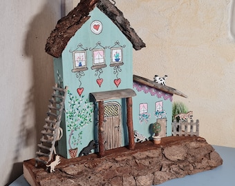 Miniature wooden house painted cat house with 3 cats kittens wooden house cat decoration turquoise shabby old wooden door wooden ladder flowers fence unique
