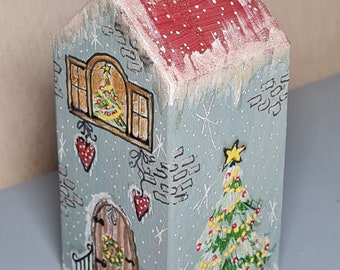 Miniatur Holzhaus bemalt Holzhäuschen Winter Weihnachten Katzen Deko Grau Shabby Glitzer Schnee Weihnachtsbaum  Holztür Türkranz Christbaum