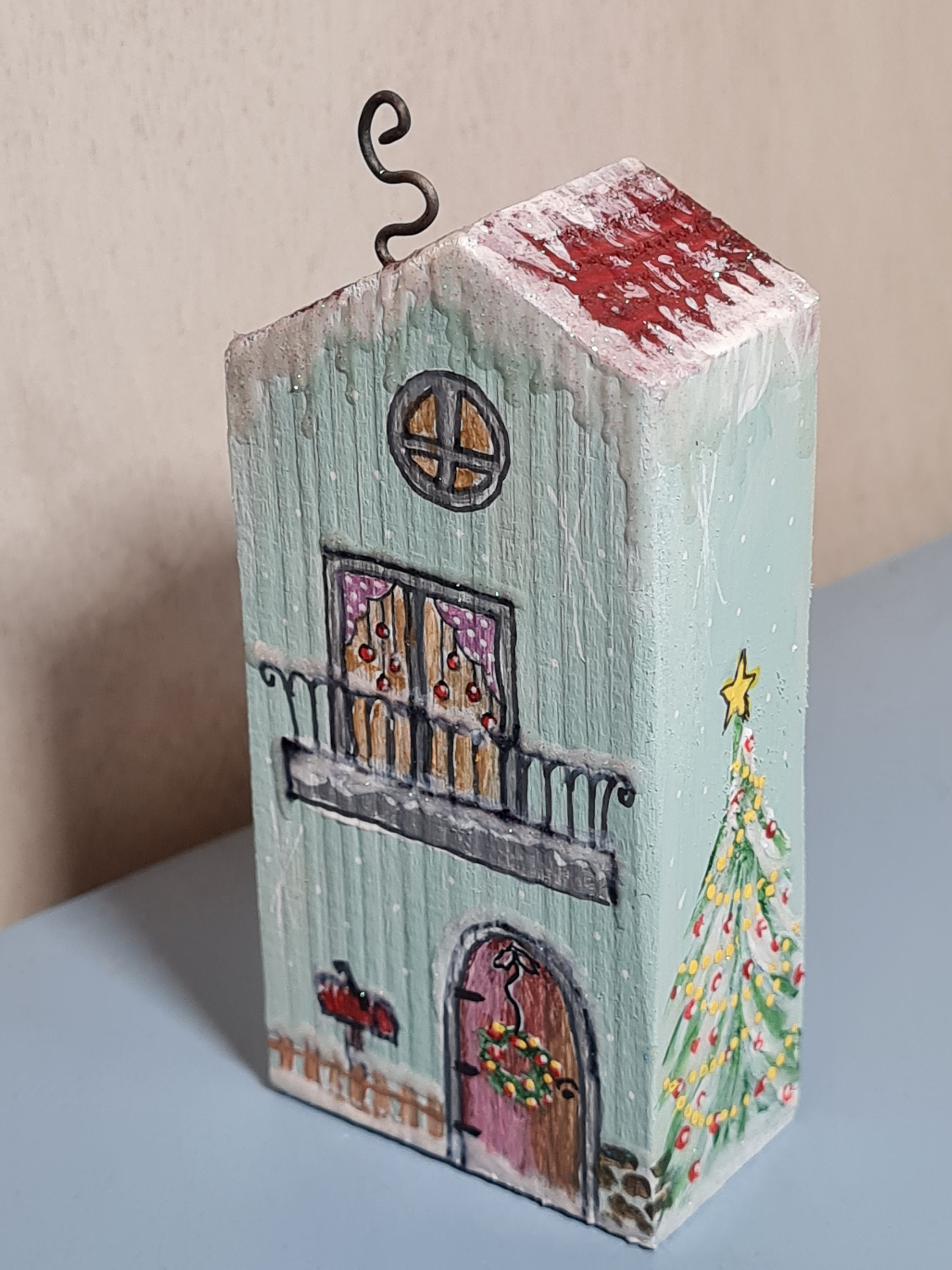 Miniature wooden house painted wooden house winter Christmas cat decoration brown shabby glitter snow tree snowman rocking horse wooden door