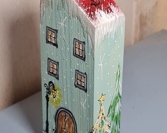 Miniature wooden house painted wooden house winter Christmas cat decoration turquoise shabby glitter snow tree snowman rocking horse wooden door