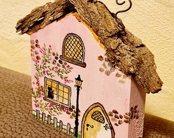 Wooden house painted wooden house cat decoration roses flower tendril pink shabby wood lantern fairy house