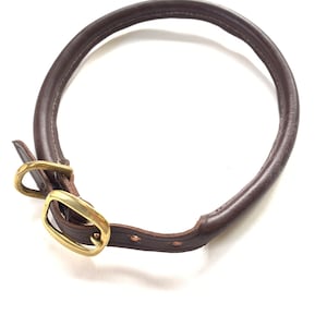 May include: A brown leather dog collar with a brass buckle.