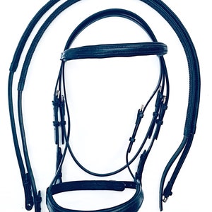 May include: Black leather horse bridle with a browband, noseband, and reins. The reins are made of a braided material.