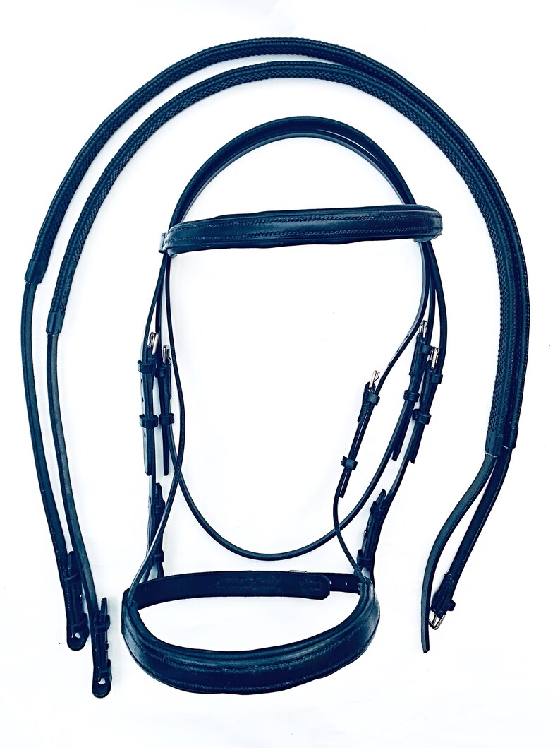 May include: Black leather horse bridle with a browband, noseband, and reins. The reins are made of a braided material.