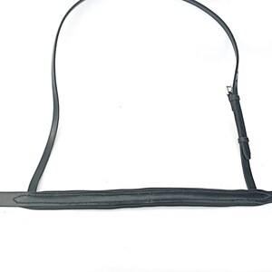 May include: Black leather horse bridle rein with a stitched edge and a brass buckle.