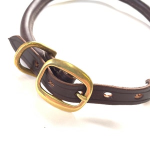 May include: A brown leather dog collar with a brass buckle. The collar is made of thick, durable leather and has a classic design.