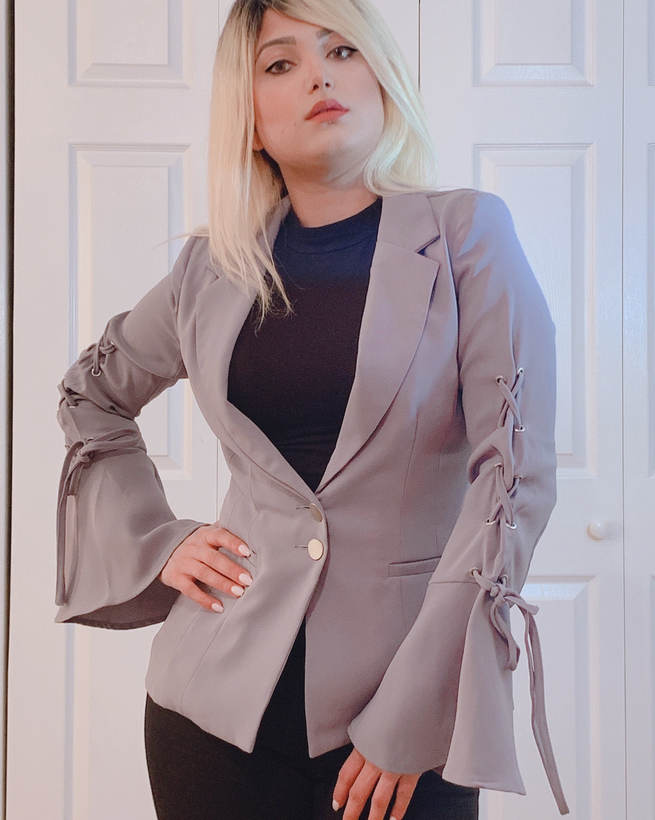Grey Blazer with Flare Bell Sleeve Adjustable String Long Handmade Simple Women's Jacket Office Suit with Pocket Modern
