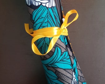 Ankara Teal Flower Print Make-up Brush Roll,Travel Make-up Brush wrap, Brush holder, Make-up organizer,Make-up Brush pouch,handmade gift