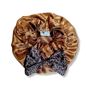 Gold With Leopard Bow Satin Print Bonnet ,Baby Satin Bonnet for Girls ,Adjustable Infant Bonnet for Curly Hair, Newborn to Toddler Sleep Cap