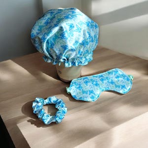 Blue Butterflies Set, Satin Adults Bonnets, Eye Mask, Scrunchy ,Adjustable Bonnet,Silk Sleep Set