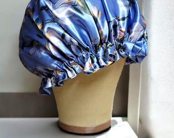 Blue Floral Satin Bonnet: Adjustable Adult Sleep Cap