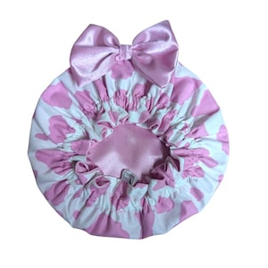 Pink Cow Print Satin Bonnet with Bow,Baby Satin Bonnet for Girls ,Adjustable Infant Bonnet for Curly Hair, Newborn to Toddler Sleep Cap