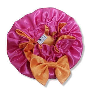 Hot Pink and Orange Bonnet With  Bow, Satin Print Bonnet ,Baby Bonnet ,Toddler Bonnet