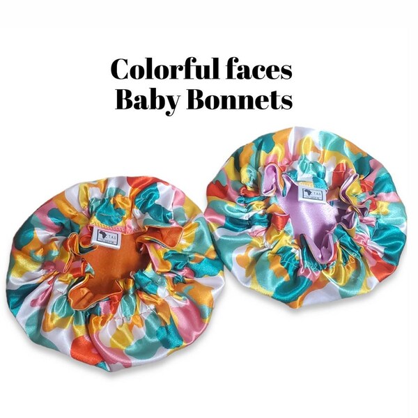 Colorful Faces Baby Bonnet, Satin baby bonnet, Reversible baby bonnet, Spring colors, gift