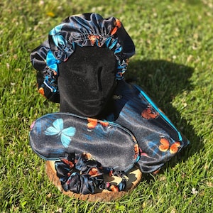 Beautiful Butterfly Satin Set, Satin Adults Bonnets, Eye Mask, Scrunchy ,Silk Sleep Set,2-in-1 Satin Bonnet with Matching set